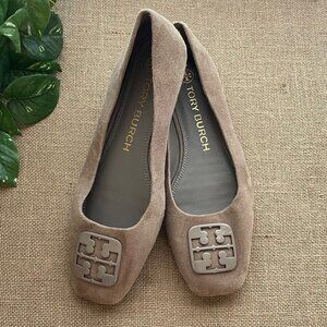 Tory Burch “Georgia” suede ballet flats. Square toe. Grey Heron. Size 8.5